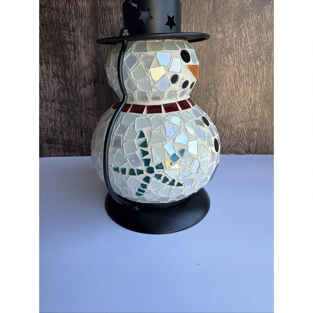Mosaic Snowman Lantern Starfish  W/Wrought Iron Base  Battery‎ Operated Beach